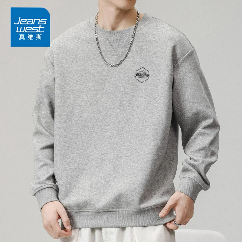 Jeanswest/真维斯男士潮牌印花卫衣秋冬宽松休闲加绒圆领长袖上衣