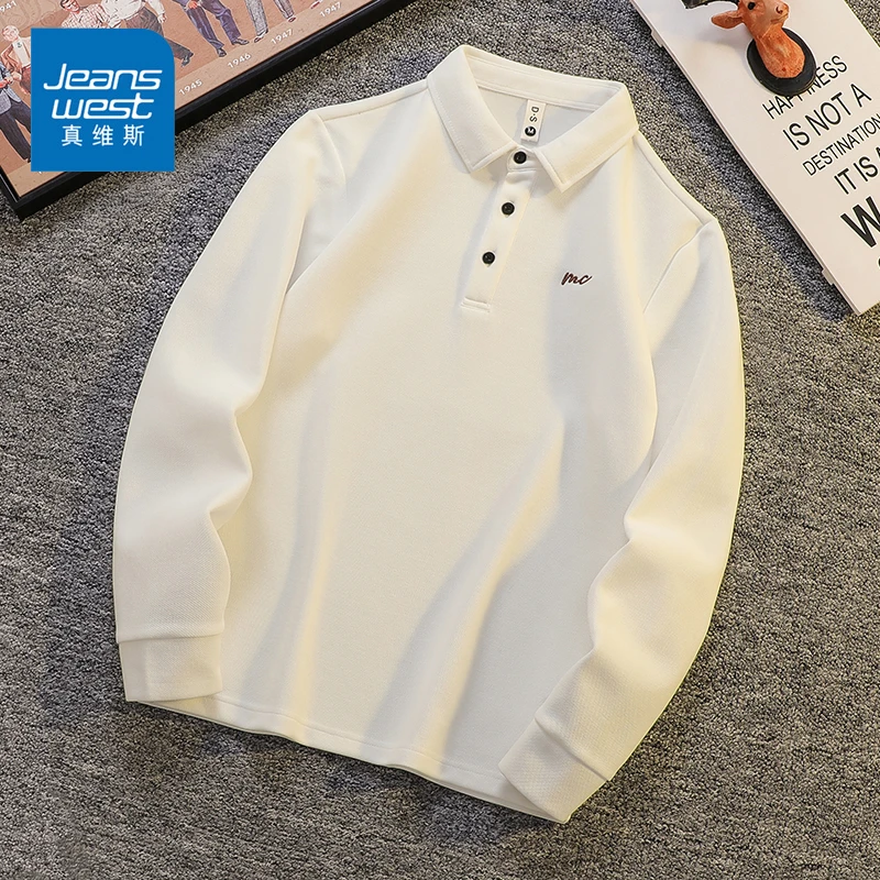 Jeanswest/真维斯男士休闲长袖POLO衫春秋季宽松简约刺绣翻领T恤