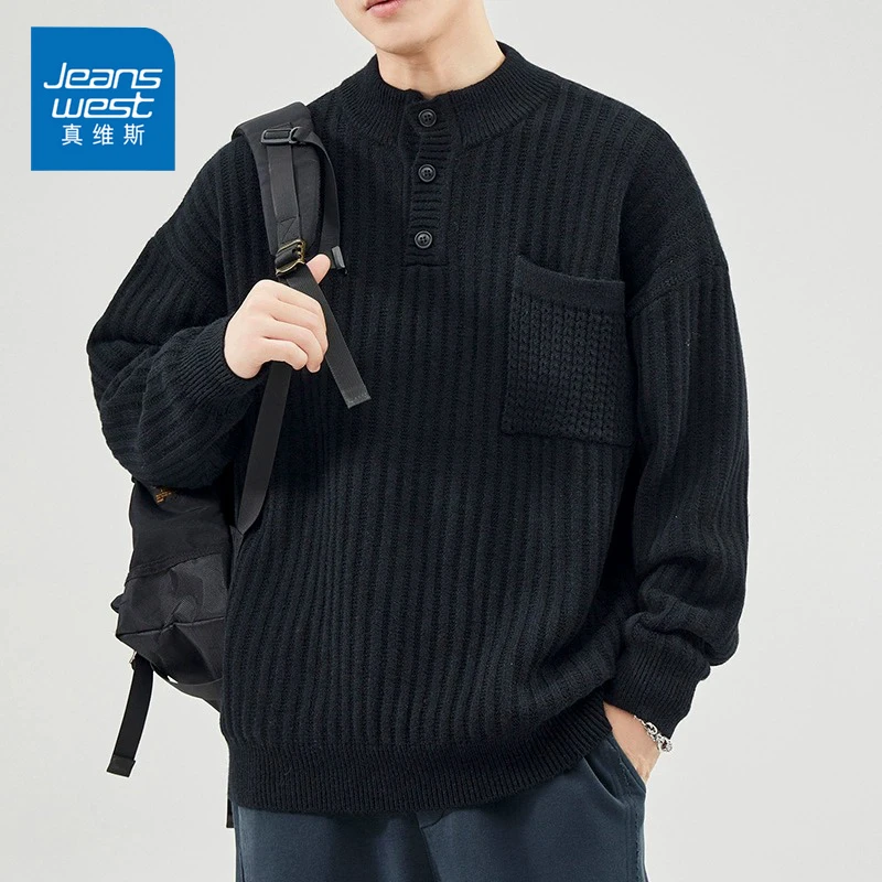 Jeanswest/真维斯秋冬季重磅毛衣男士宽松简约百搭休闲保暖针织衫