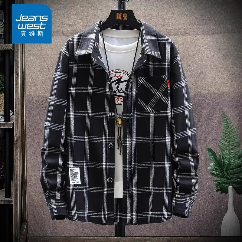Jeanswest/真维斯男士衬衫长袖春秋款宽松休闲潮流格子翻领外套男