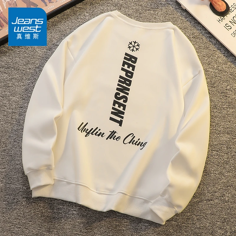 Jeanswest/真维斯男士潮牌长袖上衣秋冬宽松美式休闲印花圆领卫衣