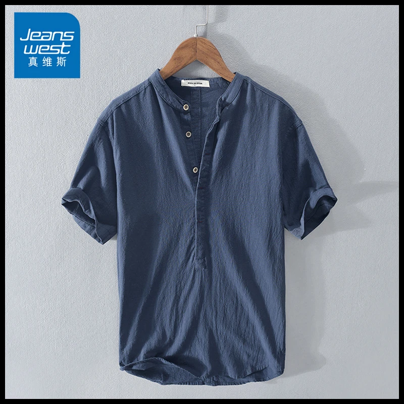Jeanswest/真维斯夏季男士亚麻短袖衬衫薄款宽松休闲百搭简约T恤