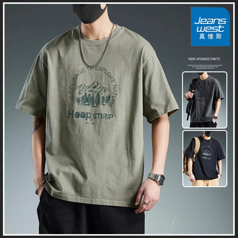 Jeanswest/真维斯美式潮牌短袖T恤男士夏季薄款宽松印花休闲半袖