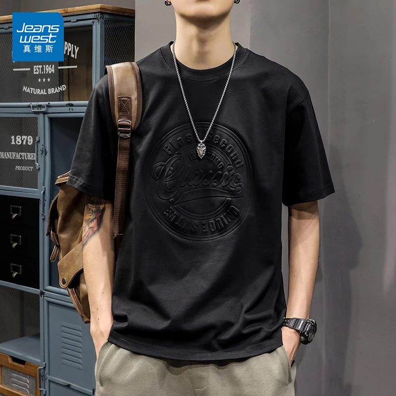 Jeanswest/真维斯男士短袖T恤夏季薄款宽松百搭美式潮流印花半袖