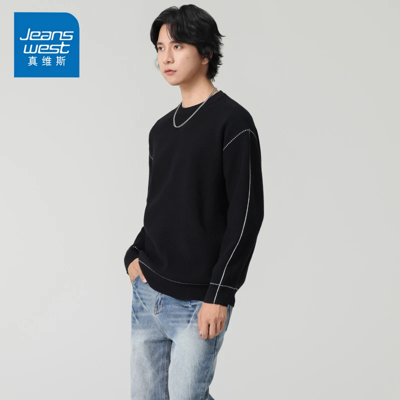 Jeanswest/真维斯男士痞帅圆领毛衣秋冬季宽松百搭保暖打底针织衫