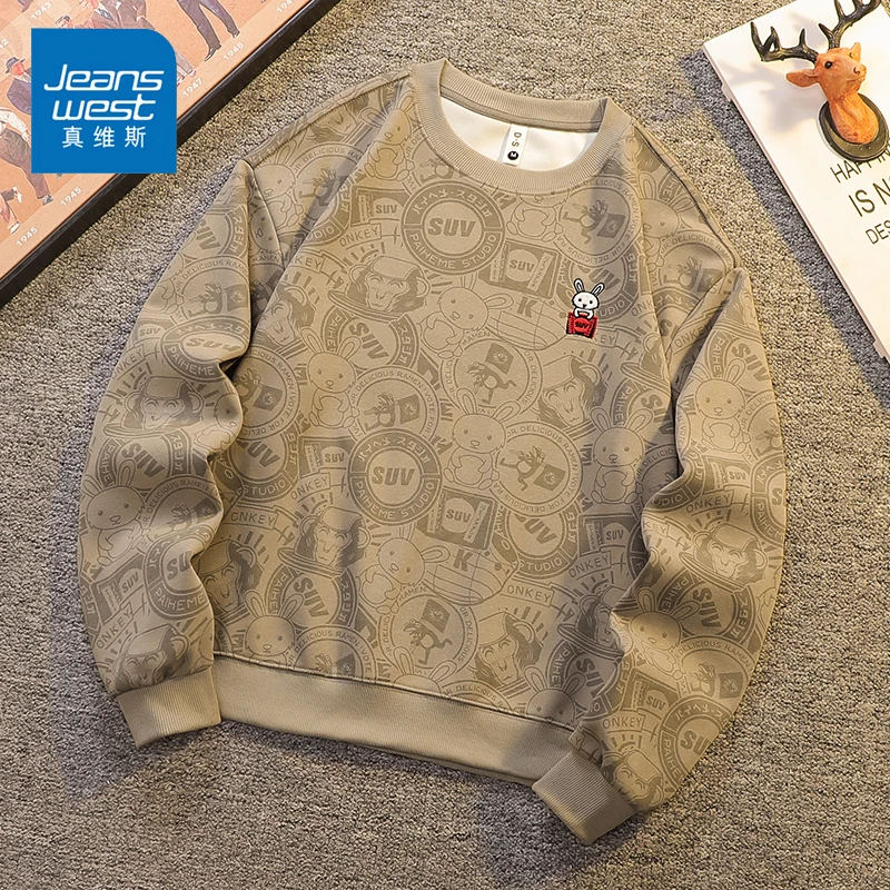 Jeanswest/真维斯男士满印花卫衣秋冬季宽松潮流加绒圆领长袖上衣