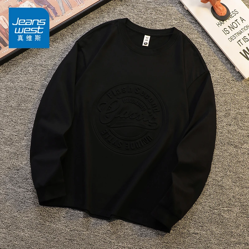 Jeanswest/真维斯春秋男生百搭钢印T恤潮牌宽松休闲纯棉长袖上衣