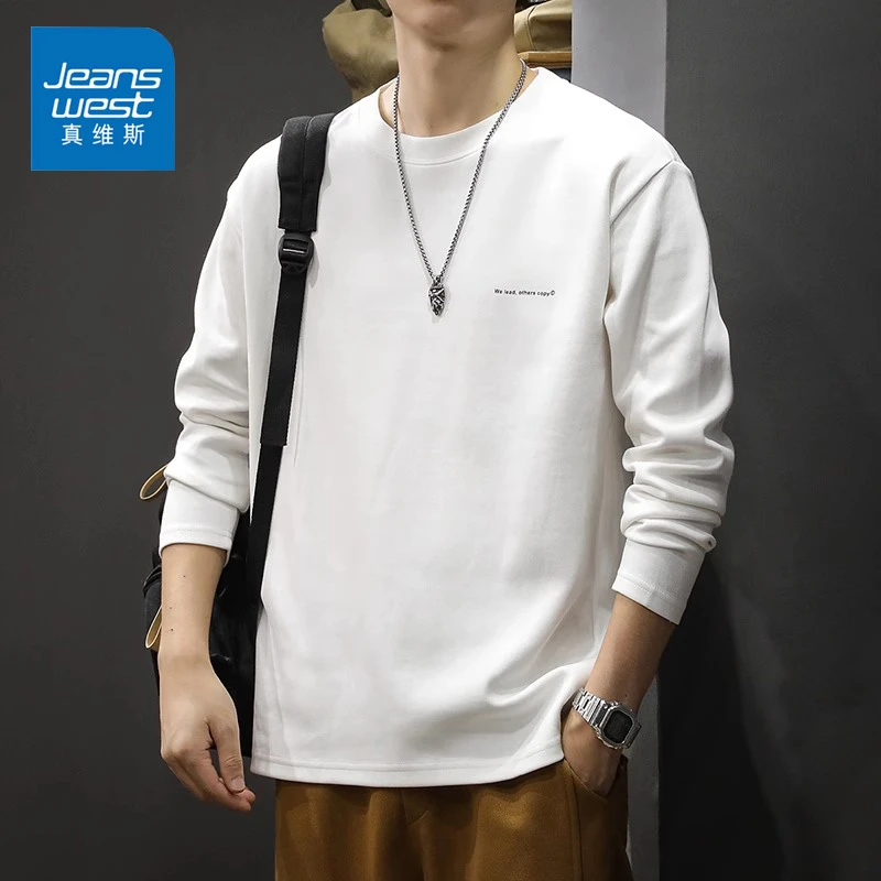 Jeanswest/真维斯重磅简约长袖T恤男士春秋季宽松纯棉百搭打底衫