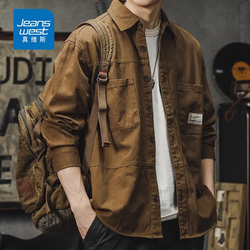 Jeanswest/真维斯美式工装衬衫男款春秋纯棉宽松百搭潮流休闲外套