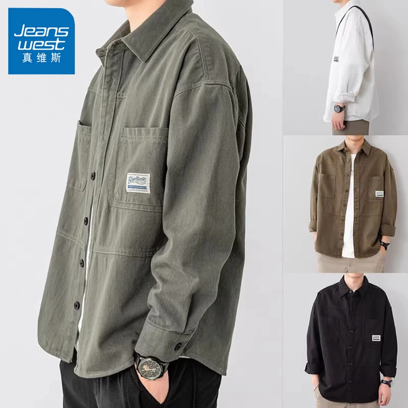 Jeanswest/真维斯男士潮牌工装衬衫春秋宽松纯棉休闲百搭长袖外套