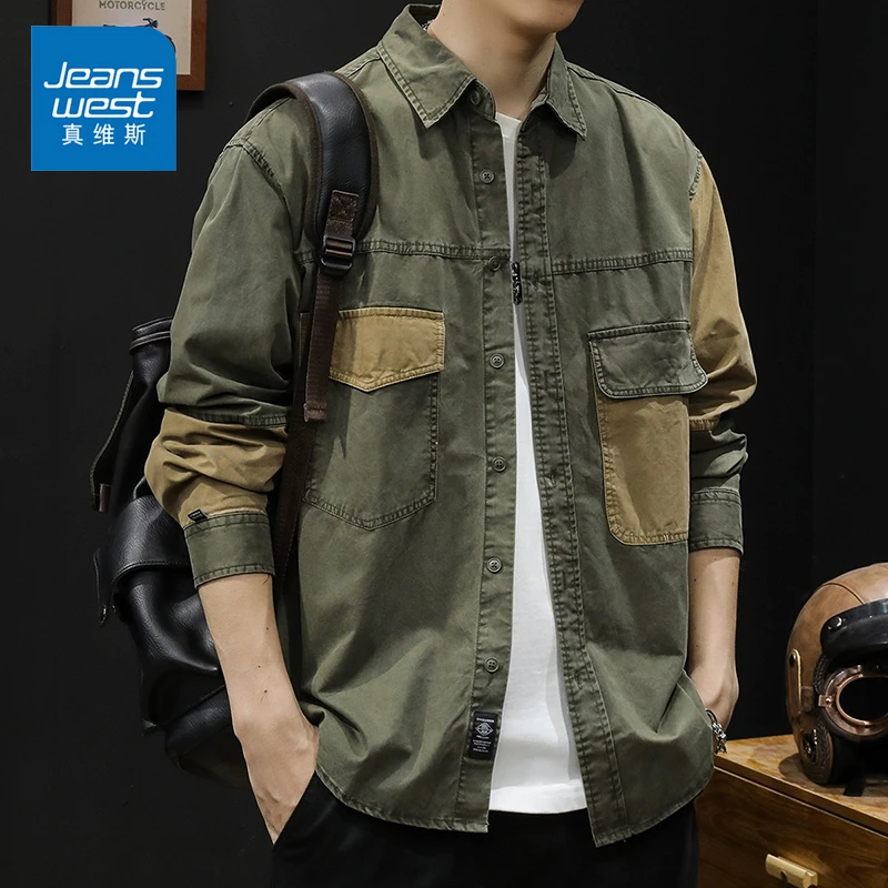 Jeanswest/真维斯日系复古工装衬衫男士宽松秋季新款美式休闲外套