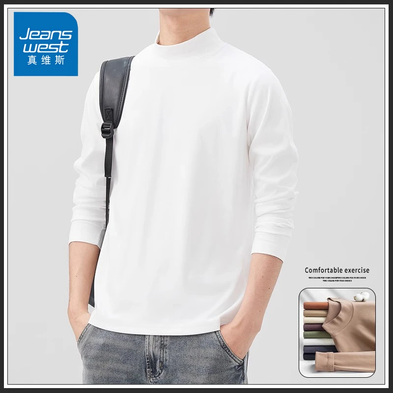Jeanswest/真维斯新款半高领纯色长袖T恤男款秋冬季宽松百搭上衣