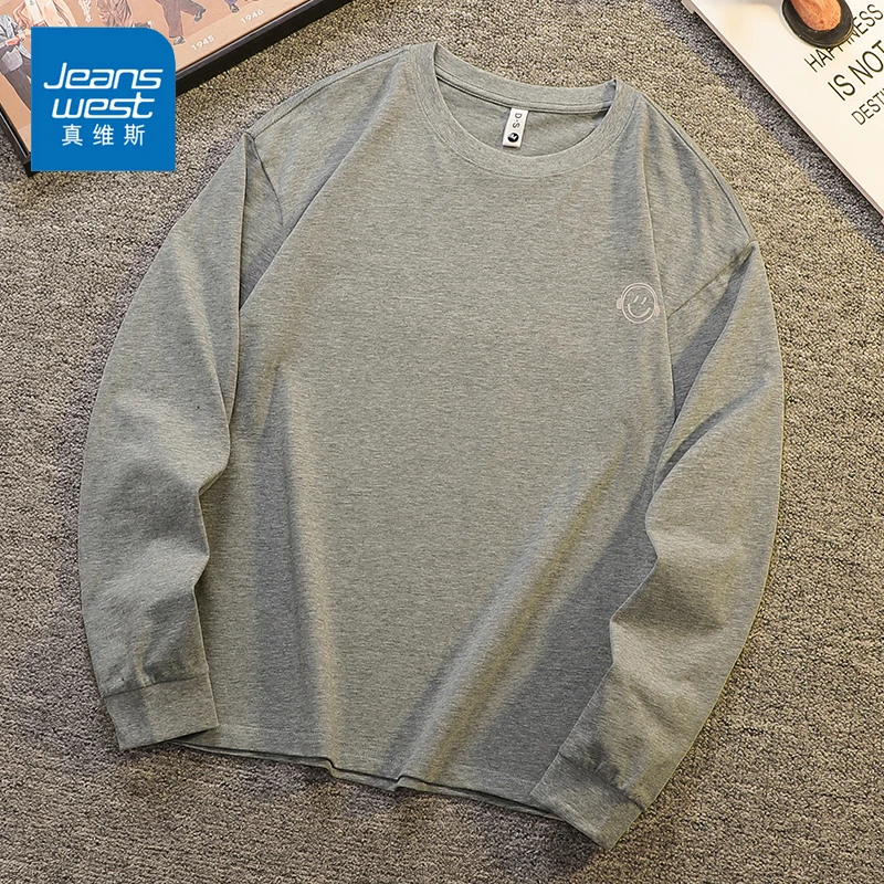 Jeanswest/真维斯潮流笑脸长袖T恤男款春秋宽松百搭纯棉休闲上衣