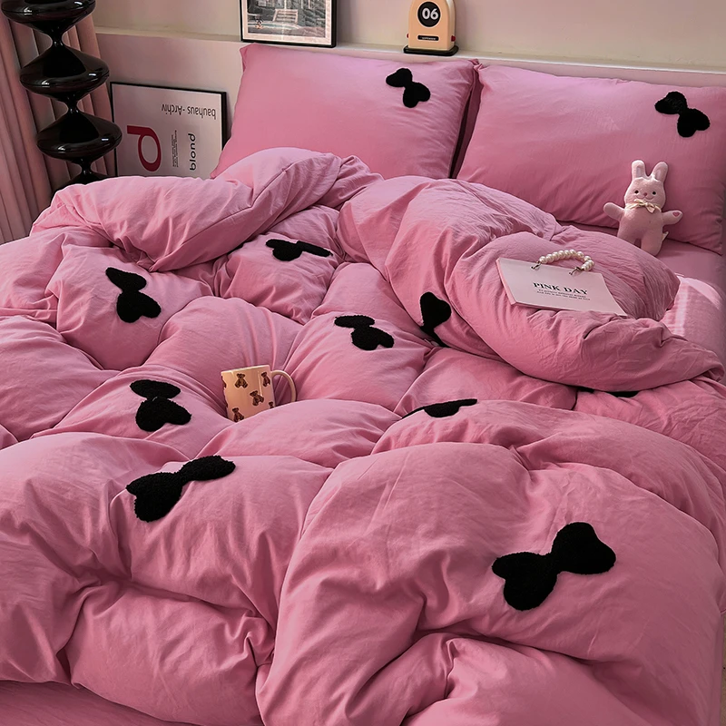 公主风软糯亲肤纯色毛巾绣四件套蝴蝶结被套床单学生宿舍三件套