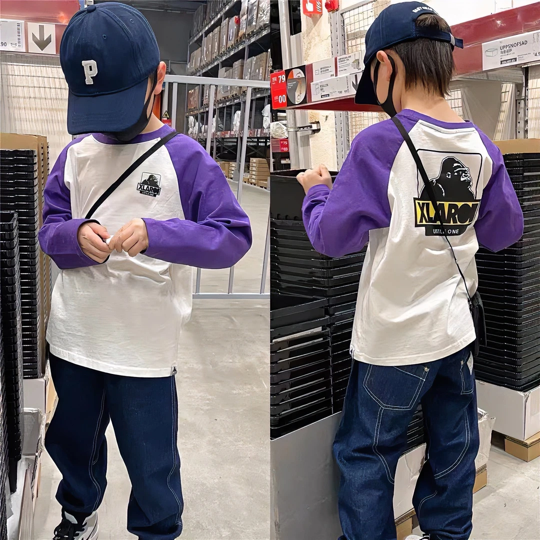 0555【紫气东来】男女儿童长袖洋气中大童撞色潮流圆领长袖