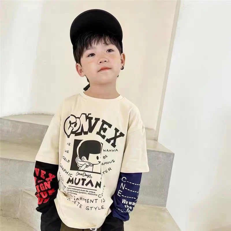 5029【爆款男孩】假两件儿童长袖春秋款时尚中大童圆领套头长袖5029