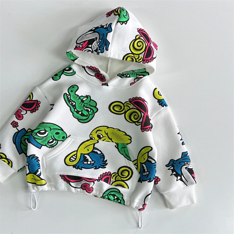 23731【涂鸦加绒卫衣】卡通连帽儿童卫衣