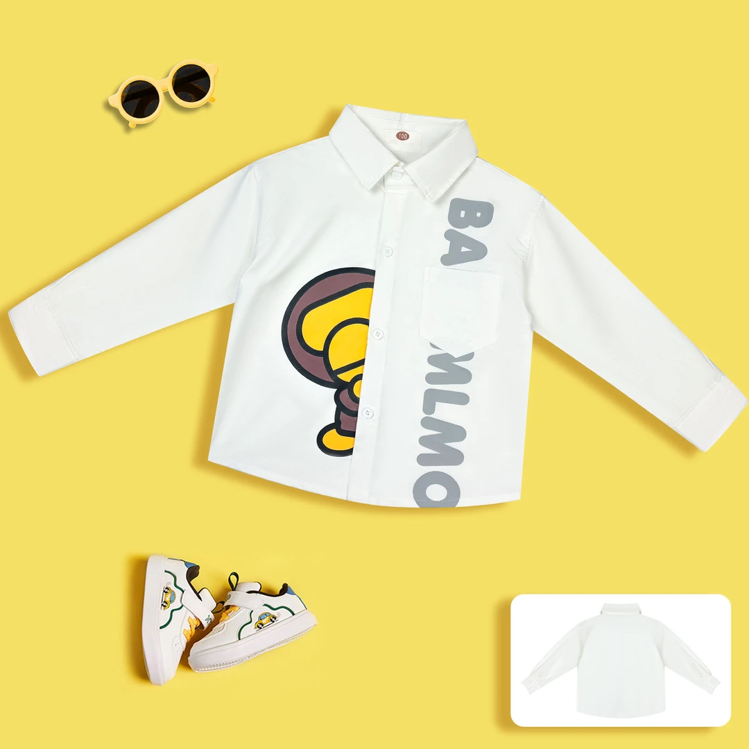 1039【躲猫猫】帅气儿童衬衫白色时尚中大童潮流黑白印花设计师衬衫