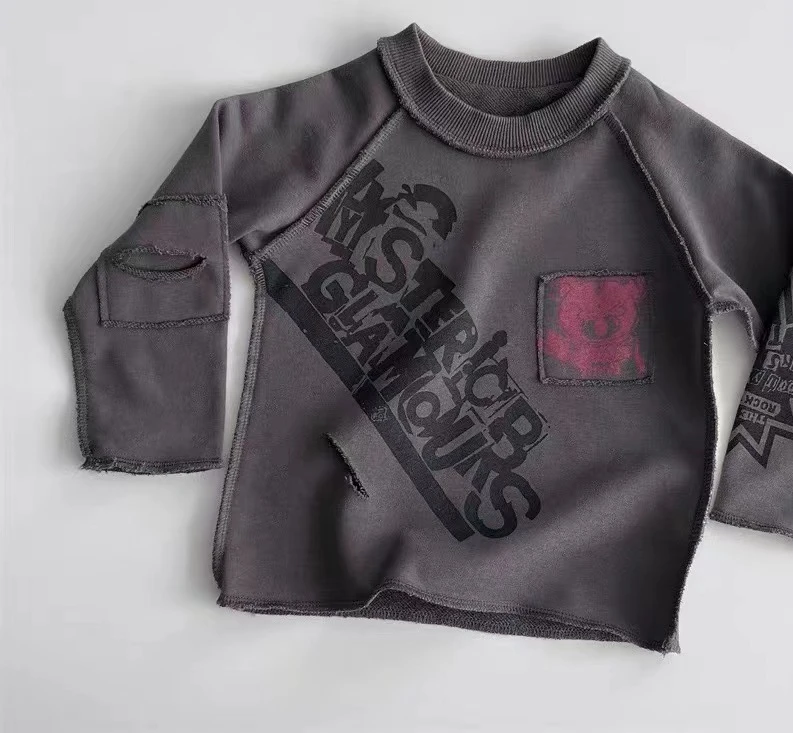 6015【复古风范】印花儿童长袖时尚中小童打底宝宝灰色卫衣