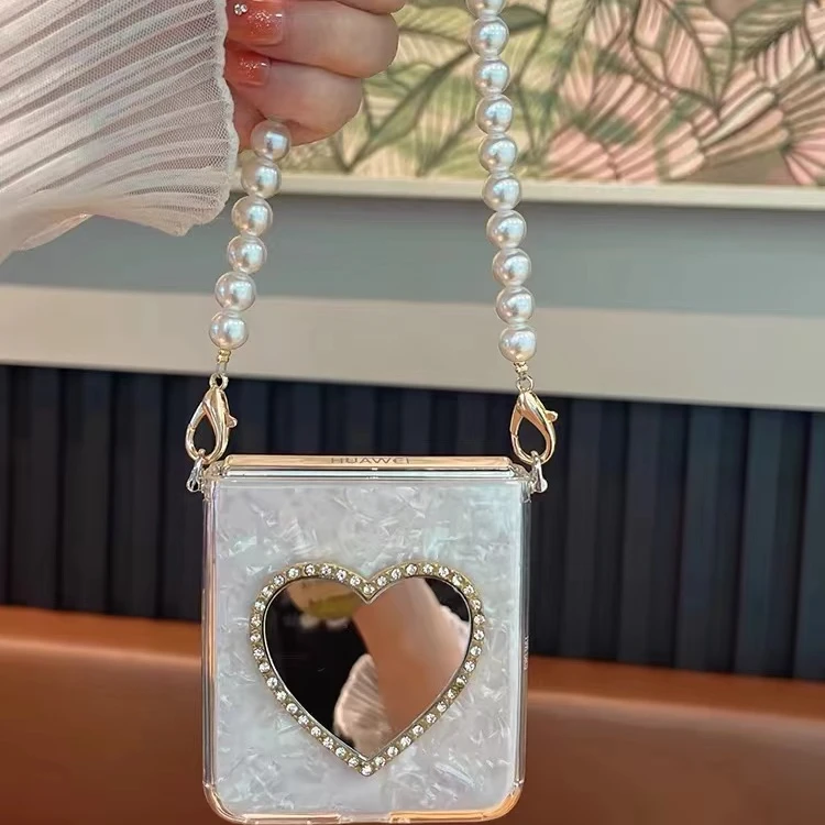 ins白色贝壳纹适用荣耀Magic V Flip折叠屏手机壳个性爱心镜子硬