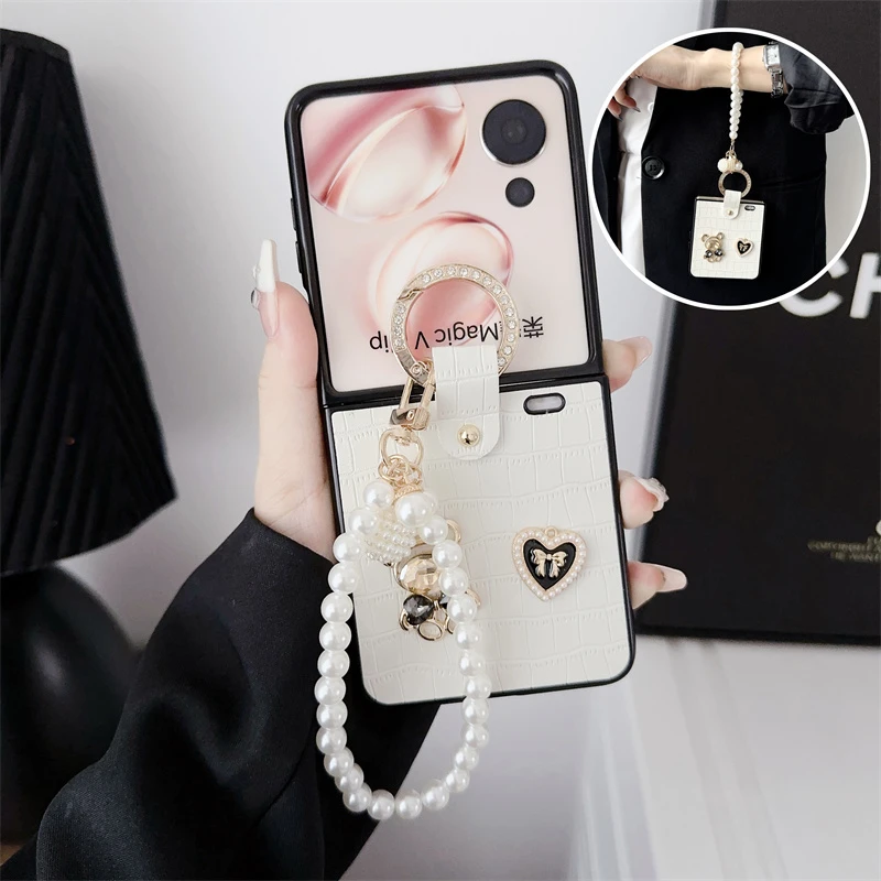 ins鳄鱼纹钻石小熊指环适用荣耀Magic VFlip折叠屏手机壳女款硬壳