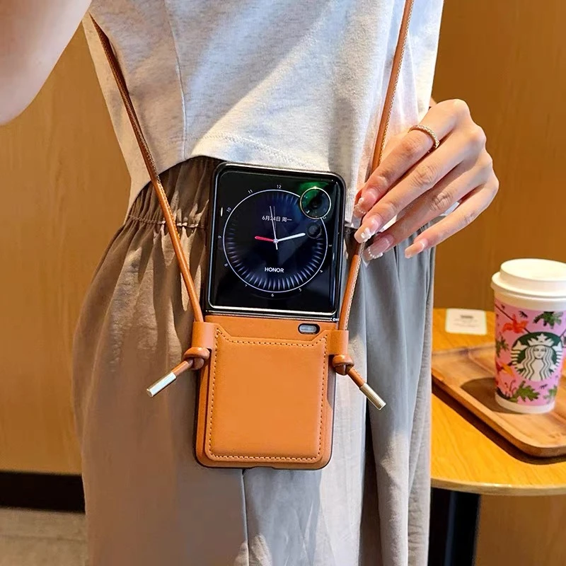 高级棕色斜挎卡包适用荣耀Magic V Flip折叠屏手机壳创意便携硬壳