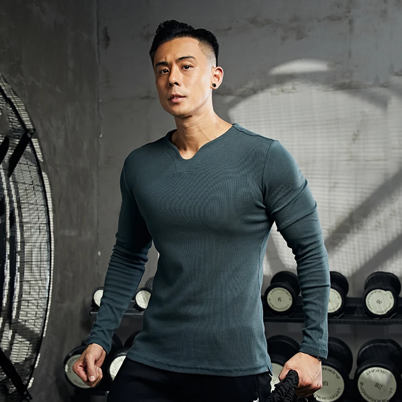 健身衣服男士春秋冬季弹力紧身衣V领针织运动T恤健身训练服上衣