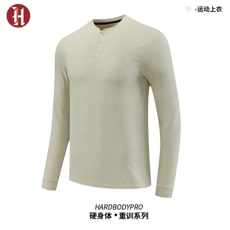 运动T恤男士休闲华夫格长袖上衣秋季弹力健身衣训练紧身速干衣