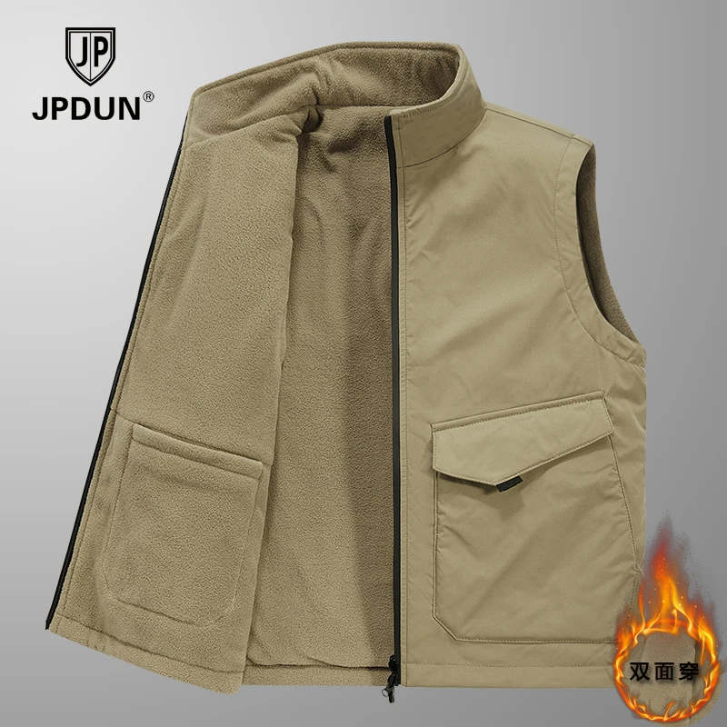JPDUN/吉普盾双面穿加绒立领马甲秋冬男士休闲运动摇粒绒无袖外套