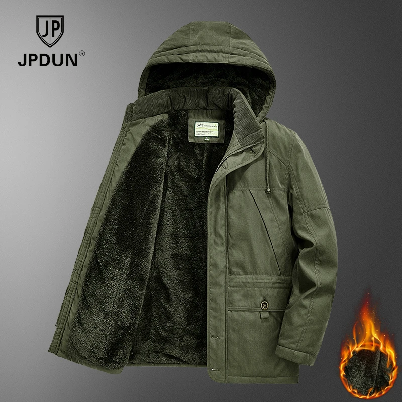 JPDUN/吉普盾冬季加绒加厚棉衣男士中长款宽松多口袋保暖工装棉服