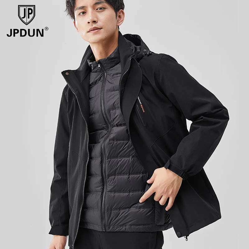JPDUN秋冬季羽绒内胆三合一冲锋外套男户外运动休闲防风防水风衣
