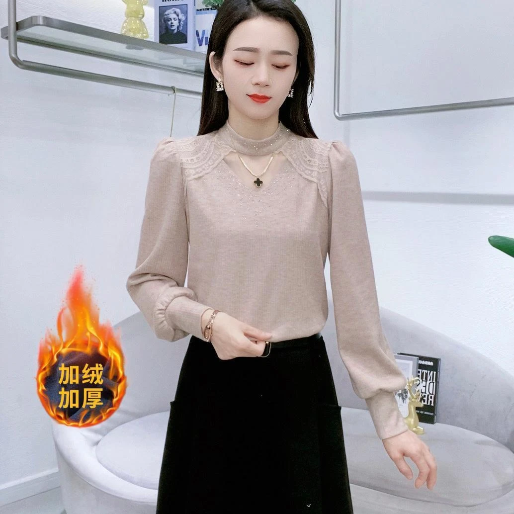 A5979冬季新款长袖蕾丝加绒打底衫气质显瘦洋气上衣