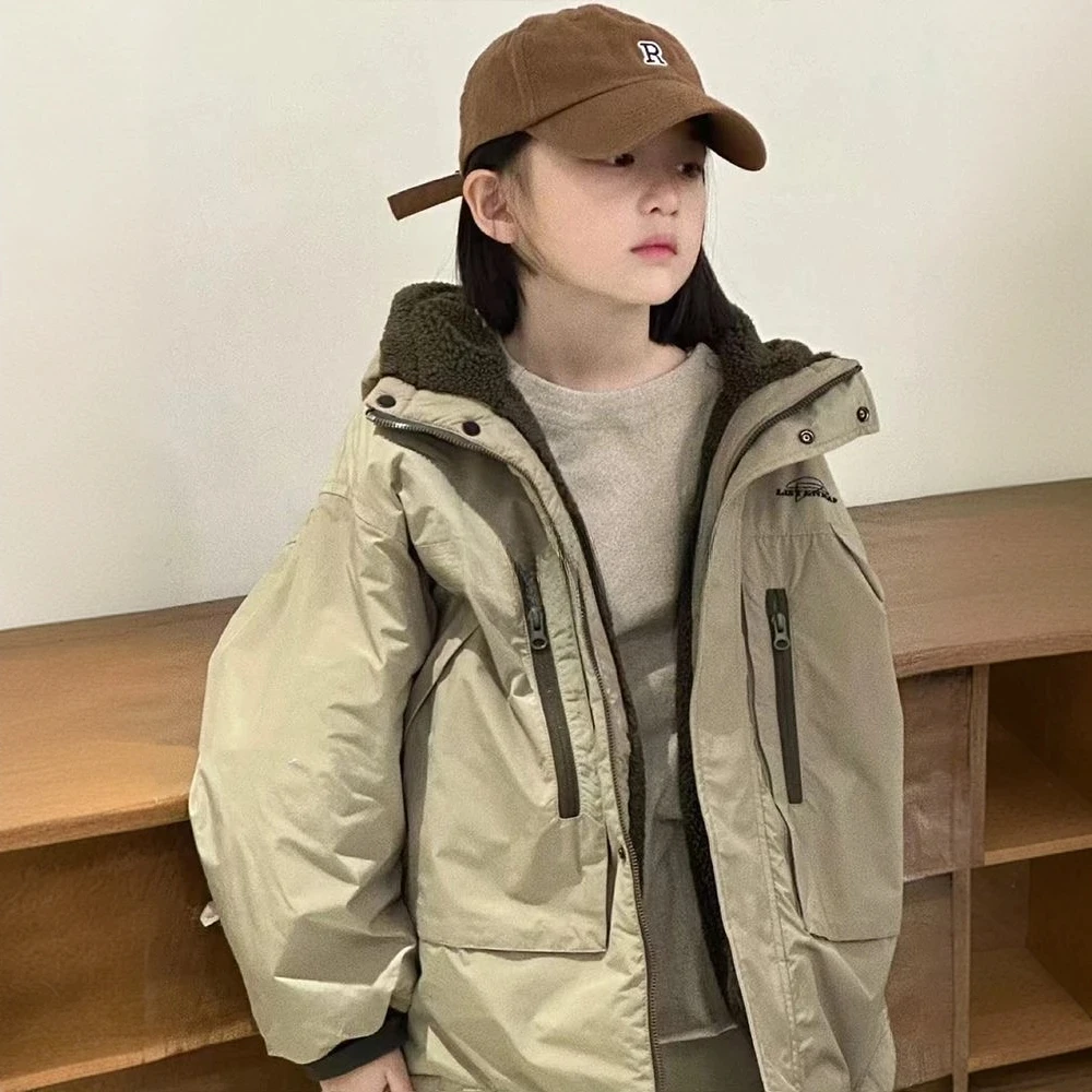 女童外套秋冬款加绒加厚棉衣男童两面穿儿童防风秋冬装摇粒绒上衣