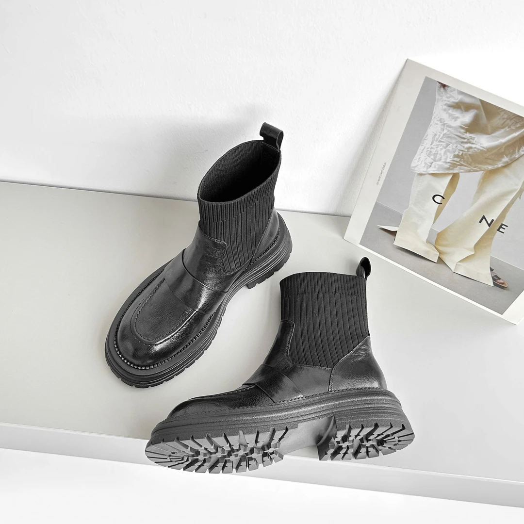 现货，断码福利】UM1518C/4cm牛皮袜靴女真皮短靴平底马丁靴真皮