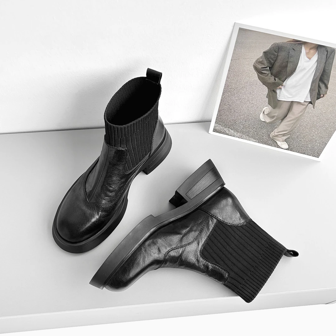 现货】5cm/UM1585A牛皮厚底短靴女圆头粗跟秋冬新款加绒袜靴真皮