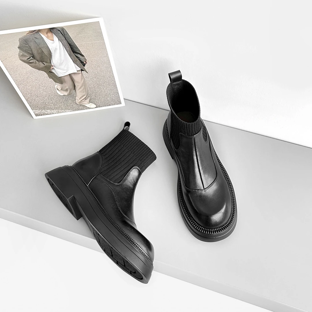 现货】UM1595/4cm牛皮厚底短筒袜靴女新款粗跟显瘦弹力短靴真皮