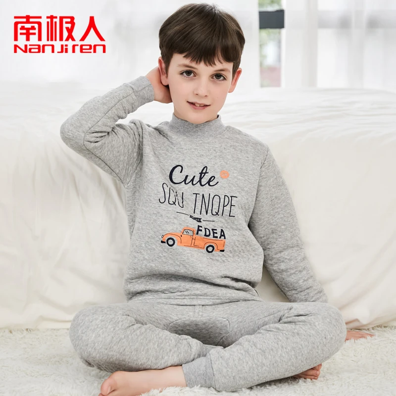儿童三层夹棉保暖衣加厚男童半高领秋衣裤套装中大童棉毛衫打底冬