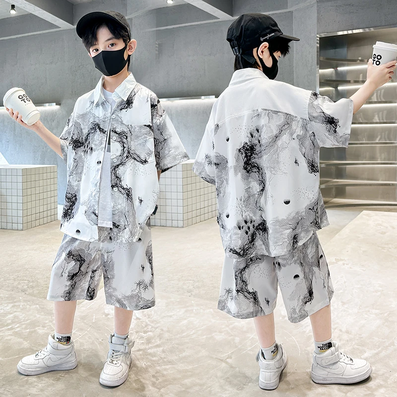 男童夏装儿童洋气衬衣短袖套装2025新款中大童韩版休闲两件套薄款