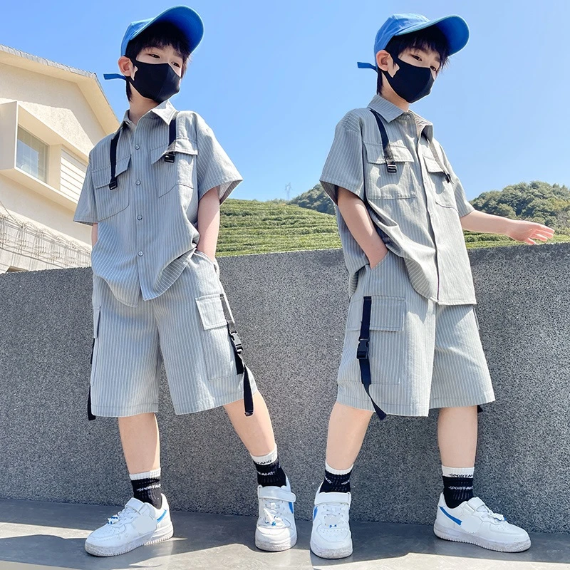 男童夏装儿童套装2025新款中大童休闲洋气薄款衬衫工装短裤夏款潮