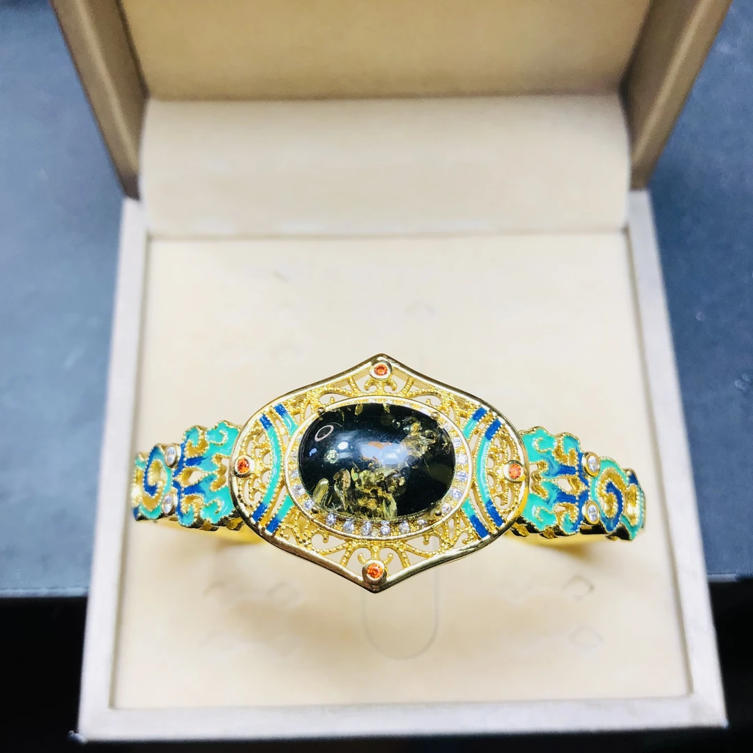 天然原矿绿珀12X16MM蛋面925银镀金镶嵌新中式国风手镯景泰蓝民族