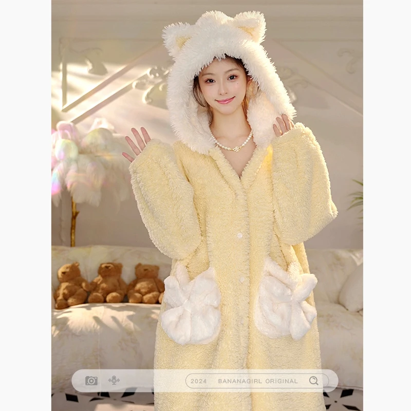 Bananagirl【雪饼小狸】睡衣女秋冬睡衣连帽睡袍保暖冬季家居服外穿