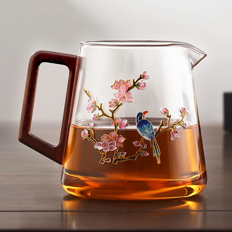 高档木把玻璃公道杯耐高温景泰蓝公杯家用分茶器功夫茶具配件单个