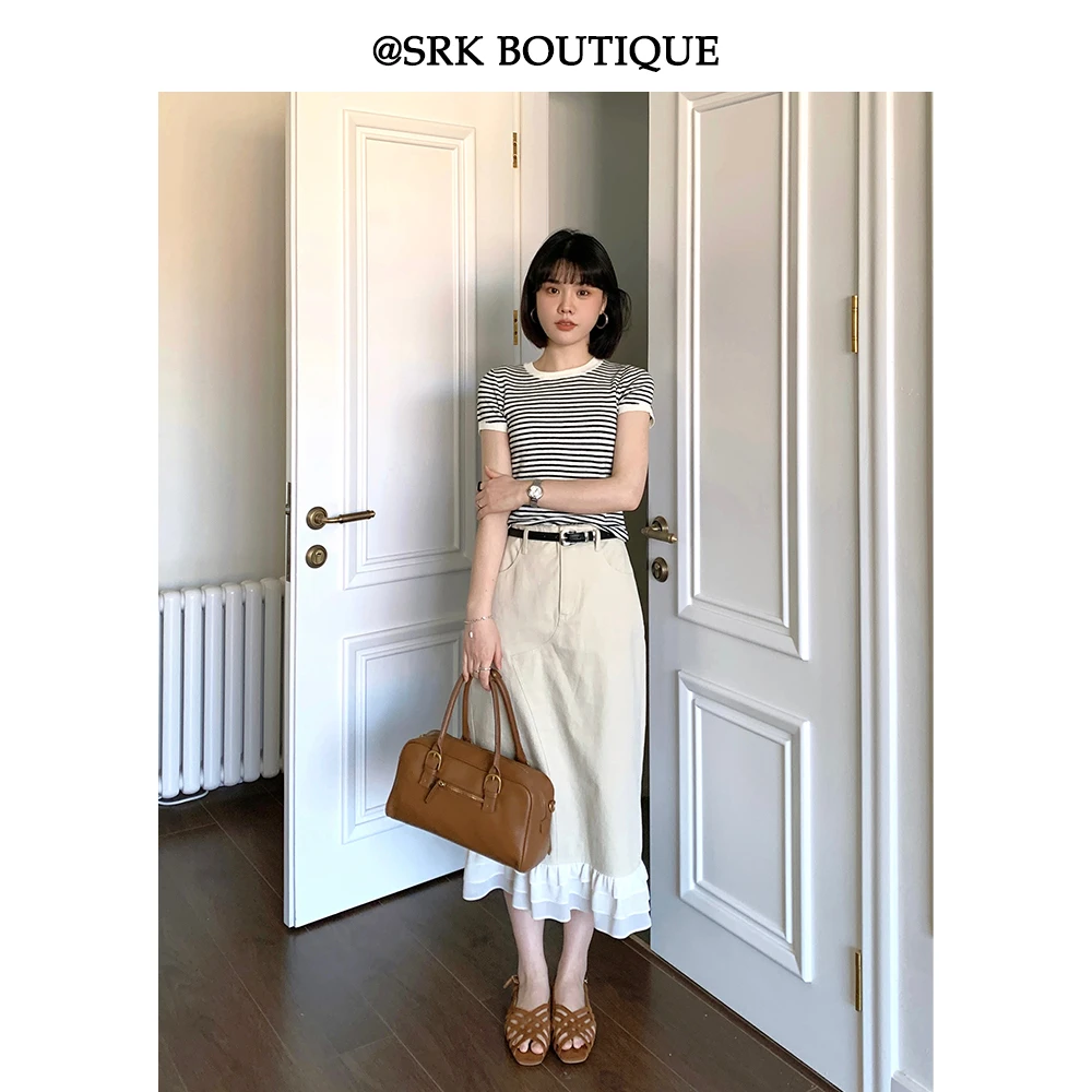 SRK S2CW0189 经典黑白条纹夏短袖针织衫优雅百搭T恤圆领显瘦短款