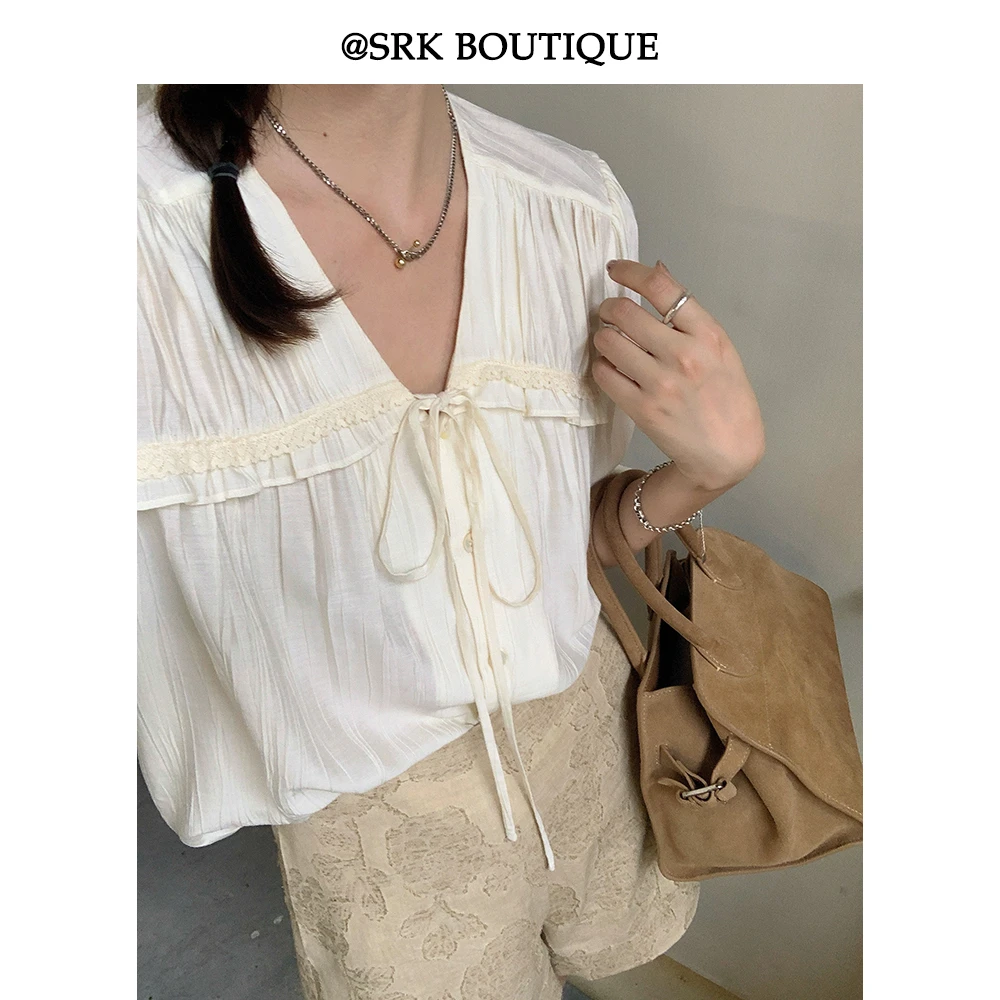 SRK法式气质小众V领温柔衬衫蕾丝花边系带通勤百搭上衣S2XL0407
