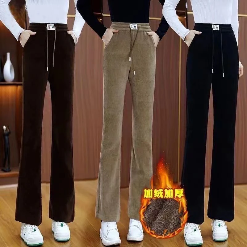 【加绒加厚】2024秋冬新灯芯绒微喇叭裤加绒加厚松紧高腰显瘦休闲裤