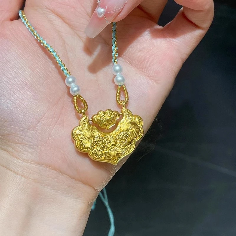 999足金双鱼锦鲤项链女黄金如意金锁平安锁包编绳吊坠送女友礼物