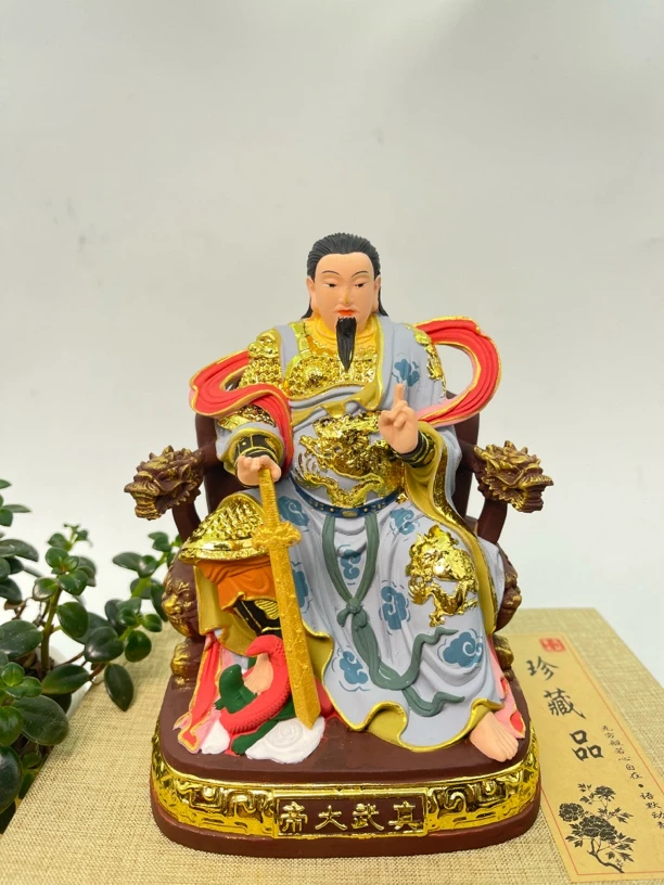 彩绘桧木精雕真武大帝摆件玄天上帝佑圣真君家居装饰实木工艺品