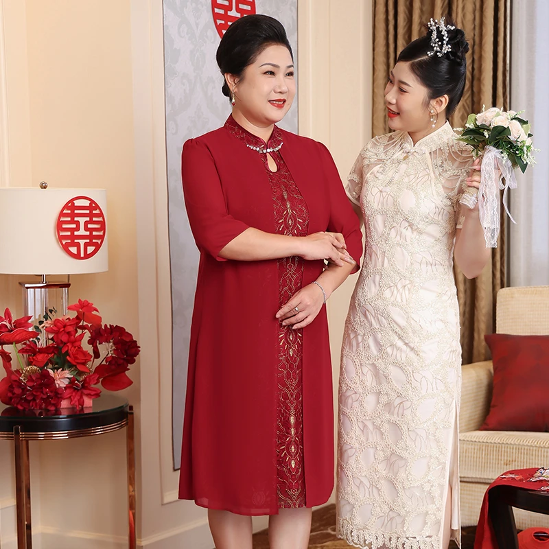 喜庆妈妈装夏季大码礼服国风连衣裙本命年红色改良旗袍母亲节礼物