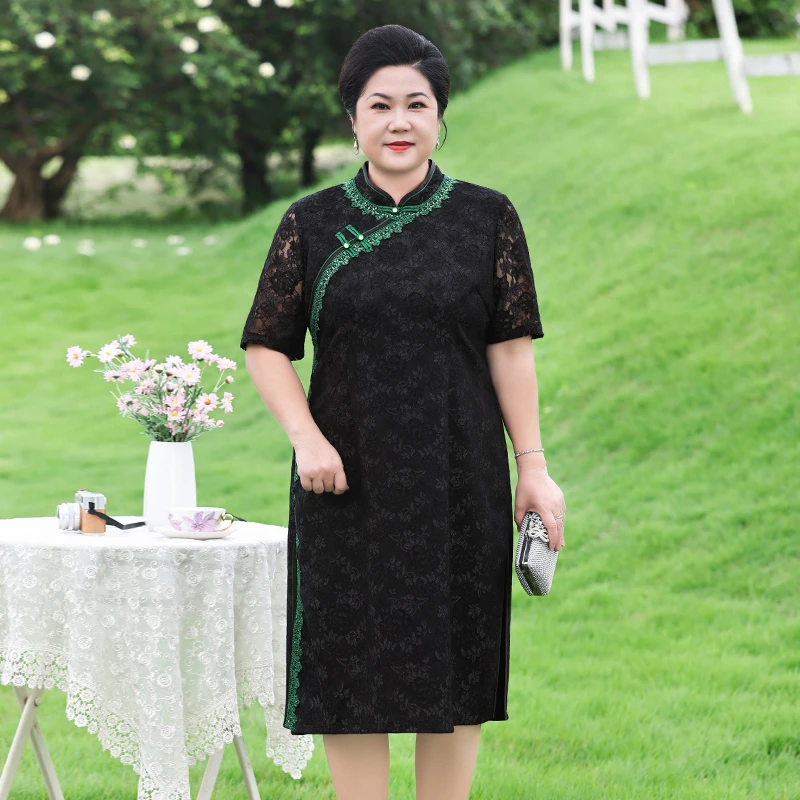 洋气蕾丝旗袍改良款连衣裙新中式国风长裙中老年女装高贵大码裙子