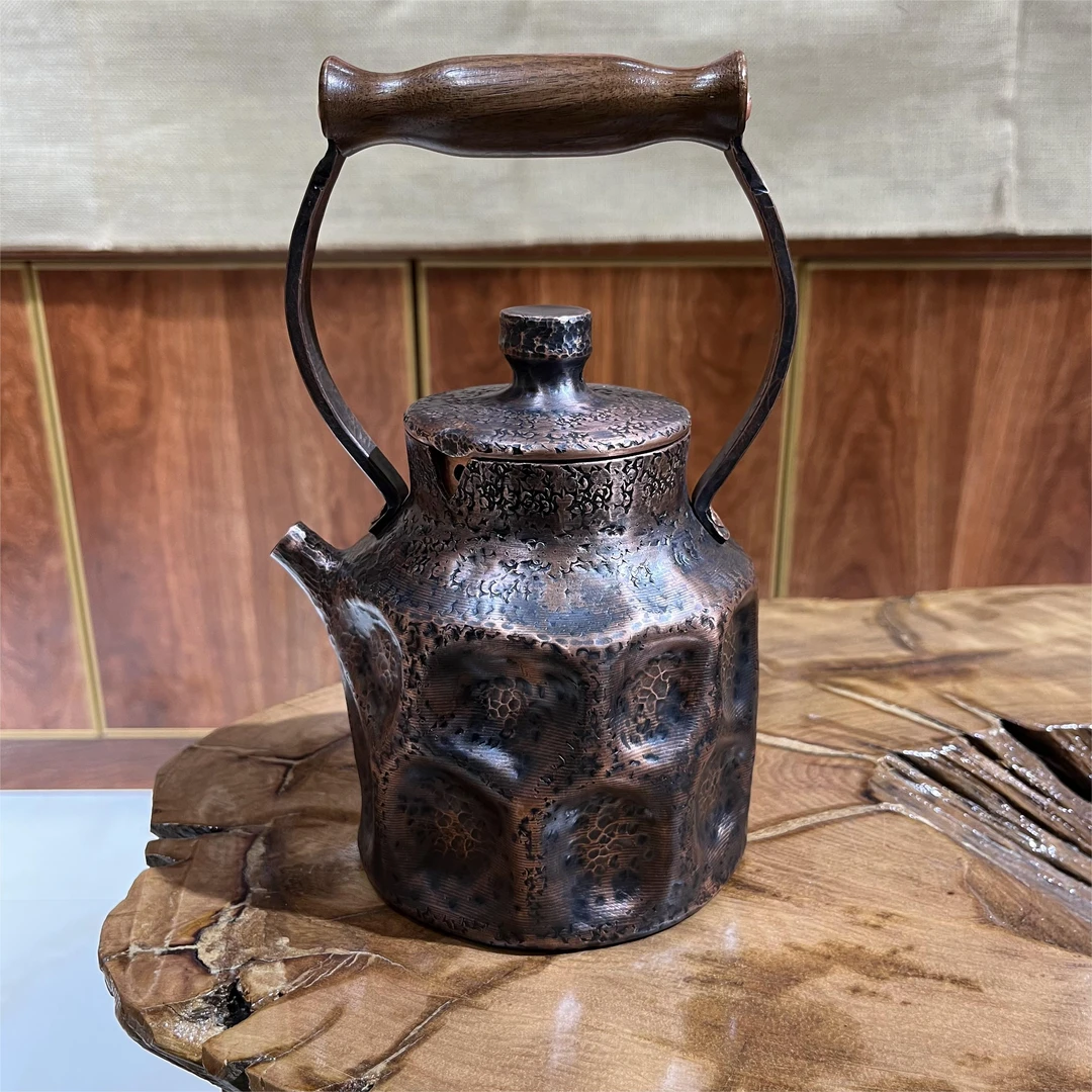 紫铜煮水壶 煮茶壶 丑壶诧寂风 纯手工陨石坑纹 一张打家用800cc